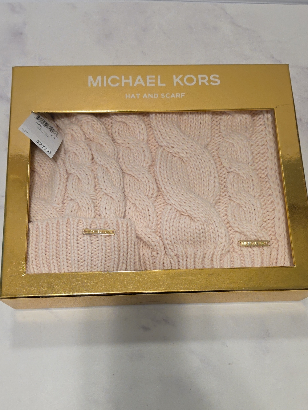 Michael Kors Blush Cable Knit Hat & Scarf Set